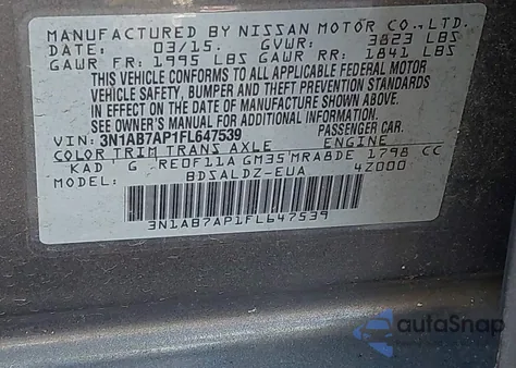 2015 Nissan Sentra Fe+ S/S/Sl/Sr/Sv from USA, damaged, VIN 3N1AB7AP1FL647539